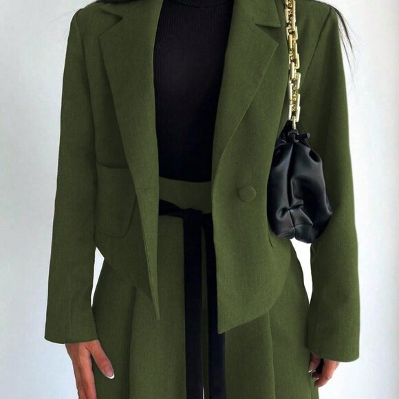 Elegant Green Women's Blazer Jacket & Wide Leg Pants 2-Piece Set - Picture 7 of 12